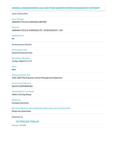 Thumbnail Jardine Cycle & Carriage Quarterly Report 2024-q3