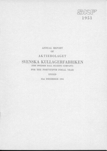 Thumbnail SKF (Svenska Kullagerfabriken) Annual Report 1951
