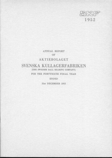 Thumbnail SKF (Svenska Kullagerfabriken) Annual Report 1952