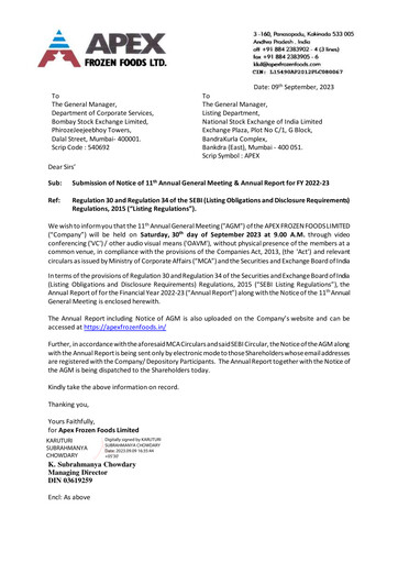 Thumbnail Apex Frozen Foods
 Annual Report 2022-2023