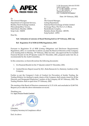 Miniature Apex Frozen Foods
 Rapport trimestriel 2021-q3