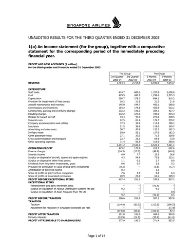 Thumbnail Singapore Airlines Quarterly Report 2003-q3
