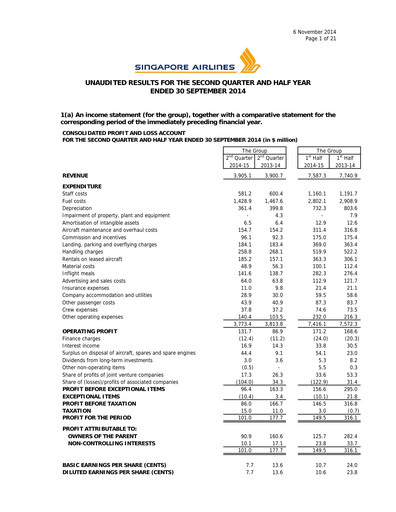Thumbnail Singapore Airlines Quarterly Report 2014-q2