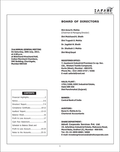 Thumbnail Safari Industries India Annual Report 2010-2011