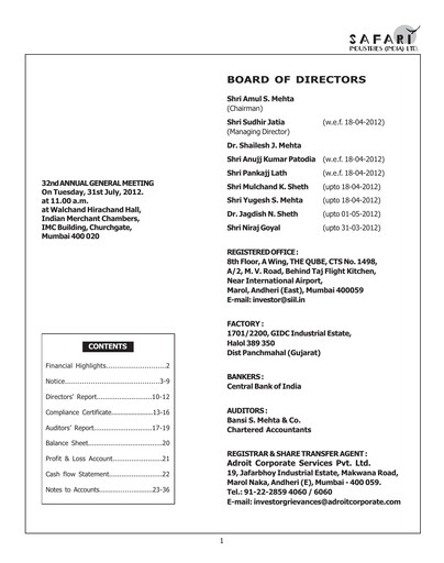 Thumbnail Safari Industries India Annual Report 2011-2012