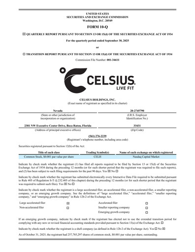 Thumbnail Celsius Holdings
 Quarterly Report 2025-q3