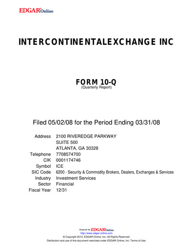 Thumbnail Intercontinental Exchange Quarterly Report 2008-q1