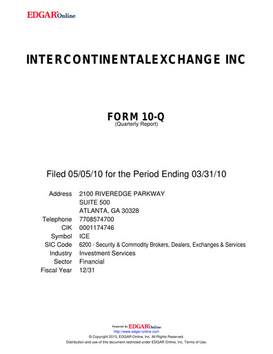 Thumbnail Intercontinental Exchange Quarterly Report 2010-q1