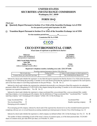 Thumbnail CECO Environmental
 Quarterly Report 2019-q3