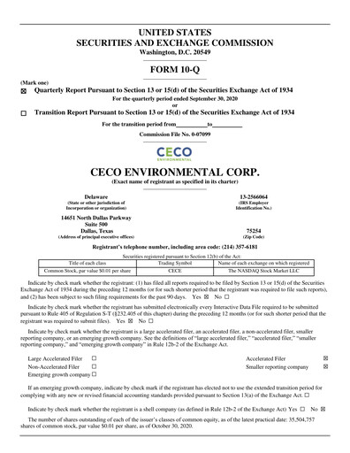 Thumbnail CECO Environmental
 Quarterly Report 2020-q3