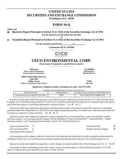 Thumbnail CECO Environmental
 Quarterly Report 2021-q2