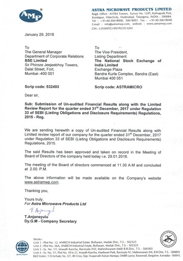 Miniature Astra Microwave Rapport trimestriel 2017-q3
