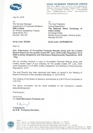 Miniature Astra Microwave Rapport trimestriel 2018-q1