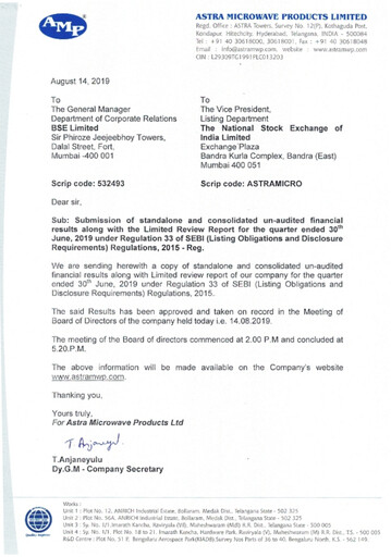 Miniature Astra Microwave Rapport trimestriel 2019-q1