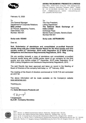 Miniature Astra Microwave Rapport trimestriel 2019-q3