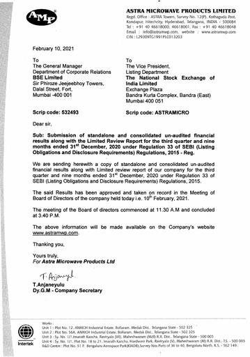 Miniature Astra Microwave Rapport trimestriel 2020-q3