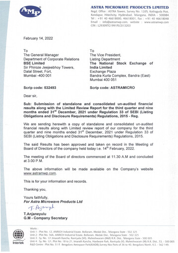 Miniature Astra Microwave Rapport trimestriel 2021-q3