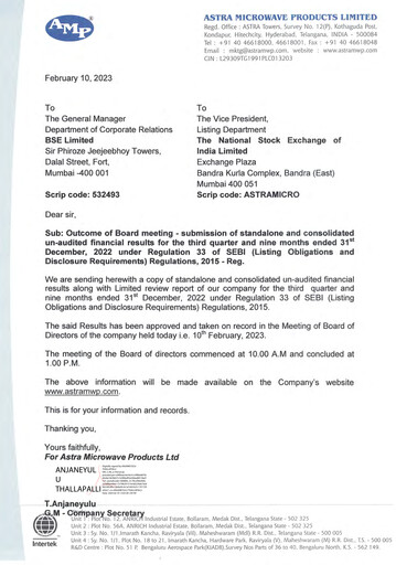 Miniature Astra Microwave Rapport trimestriel 2022-q3