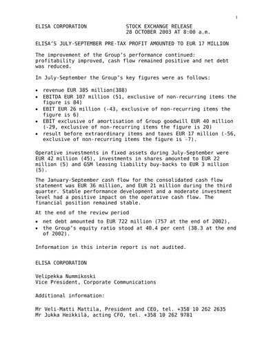 Vorschaubild Elisa
 Quartalsbericht 2003-q3
