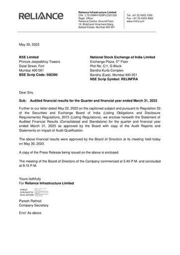 Thumbnail Reliance Infrastructure
 Financial Statement 2022-2023