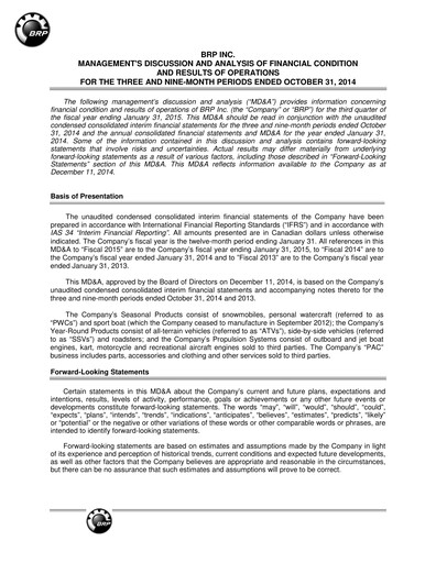 Vorschaubild BRP (Bombardier Recreational Products) Quartalsbericht 2015-q3