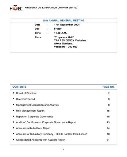 Thumbnail Hindustan Oil Exploration Company Annual Report 2003-2004