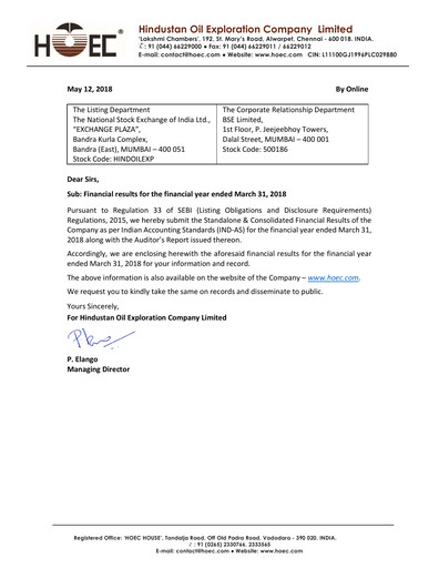 Thumbnail Hindustan Oil Exploration Company Financial Statement 2017-2018