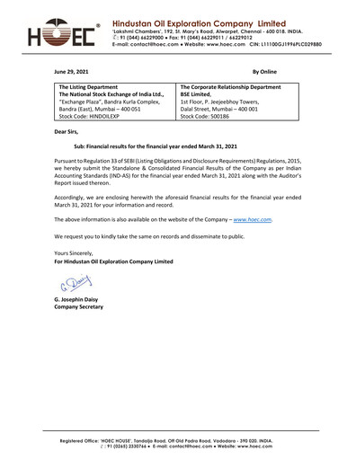 Thumbnail Hindustan Oil Exploration Company Financial Statement 2020-2021