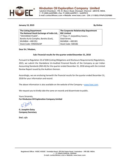 Thumbnail Hindustan Oil Exploration Company Quarterly Report 2018-q3