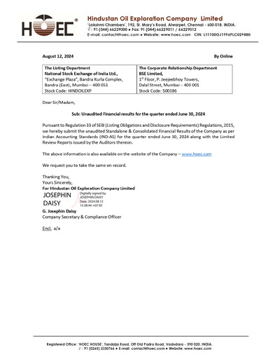Thumbnail Hindustan Oil Exploration Company Quarterly Report 2024-q1