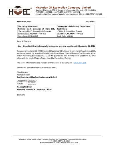 Thumbnail Hindustan Oil Exploration Company Quarterly Report 2024-q3