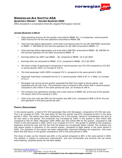 Thumbnail Norwegian Air Shuttle
 Quarterly Report 2004-q2