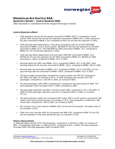 Thumbnail Norwegian Air Shuttle
 Quarterly Report 2004-q4