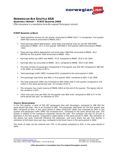 Thumbnail Norwegian Air Shuttle
 Quarterly Report 2005-q1