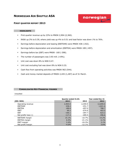 Thumbnail Norwegian Air Shuttle
 Quarterly Report 2013-q1