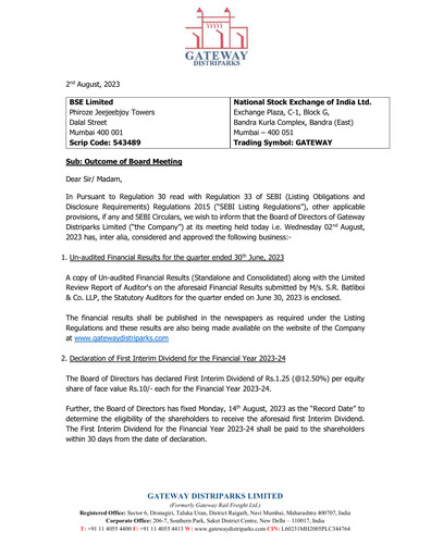 Thumbnail Gateway Distriparks Quarterly Report 2023-q1