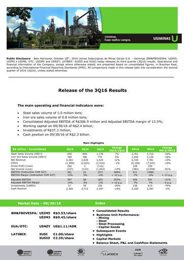 Miniature Usiminas Rapport trimestriel 2016-q3