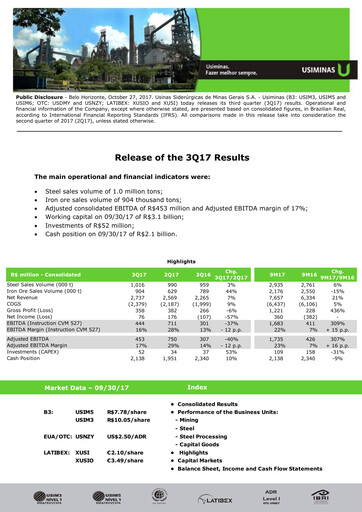 Miniature Usiminas Rapport trimestriel 2017-q3