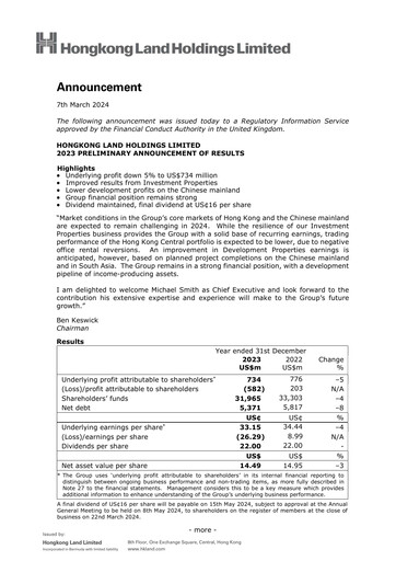 Vorschaubild Hongkong Land
 Finanzbericht 2023