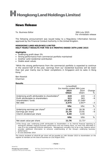 Thumbnail Hongkong Land
 Half-year Report 2015-h1
