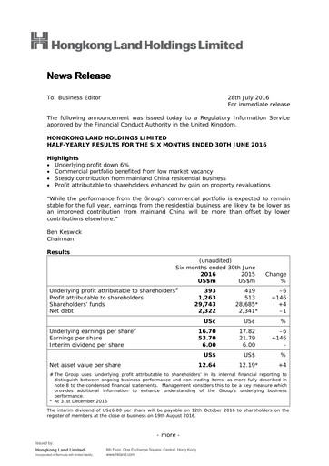 Thumbnail Hongkong Land
 Half-year Report 2016-h1