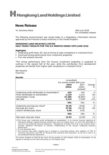 Thumbnail Hongkong Land
 Half-year Report 2018-h1