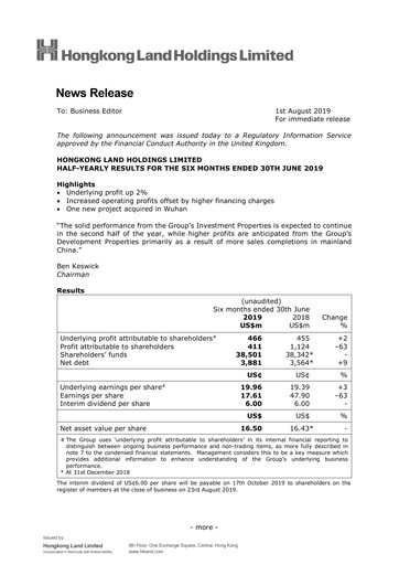 Thumbnail Hongkong Land
 Half-year Report 2019-h1