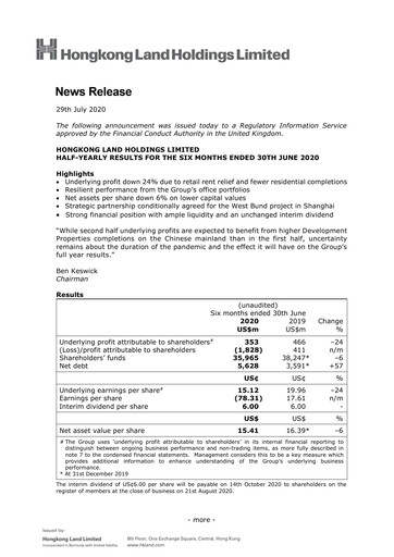 Thumbnail Hongkong Land
 Half-year Report 2020-h1
