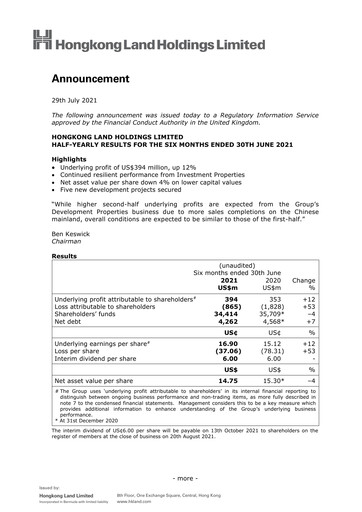 Thumbnail Hongkong Land
 Half-year Report 2021-h1