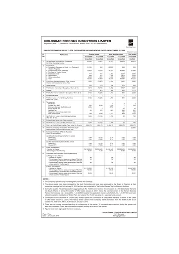 Thumbnail Kirloskar Ferrous Industries Quarterly Report 2009-q3
