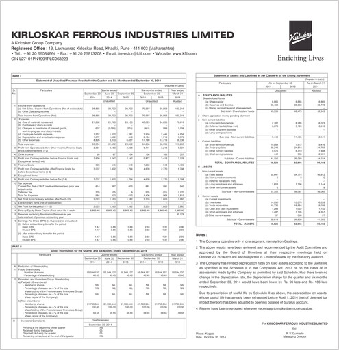 Thumbnail Kirloskar Ferrous Industries Quarterly Report 2014-q2