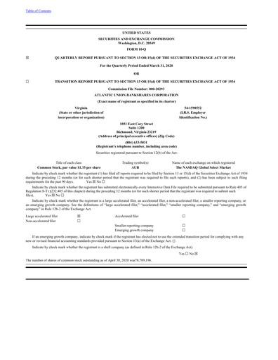 Thumbnail Atlantic Union Bankshares Quarterly Report 2020-q1