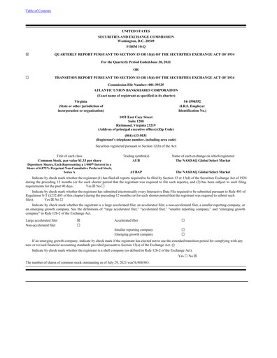 Thumbnail Atlantic Union Bankshares Quarterly Report 2021-q2