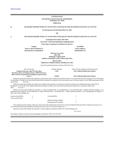 Thumbnail Atlantic Union Bankshares Quarterly Report 2022-q1